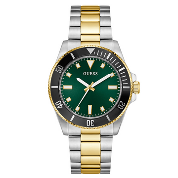 GUESS GW0968G4 Men’s Two-Tone Watch – Green Dial Stainless Steel Bracelet, 41mm, 50M Water Resistant