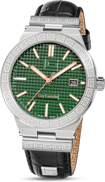 Guy Laroche Sacha Men’s Swiss Made Quartz Watch with Green Dial & Black Leather Strap (GLWGA0000403)