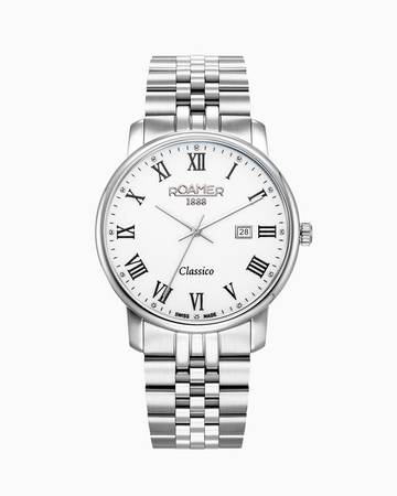 Roamer Classico Swiss Quartz Watch for Men – White Dial, 40mm Silver-Tone Stainless Steel Bracelet