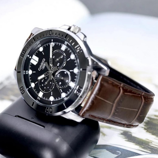 Casio General MTP-VD300L-1EUDF Men’s Watch – Classic Black Dial with Brown Leather Strap