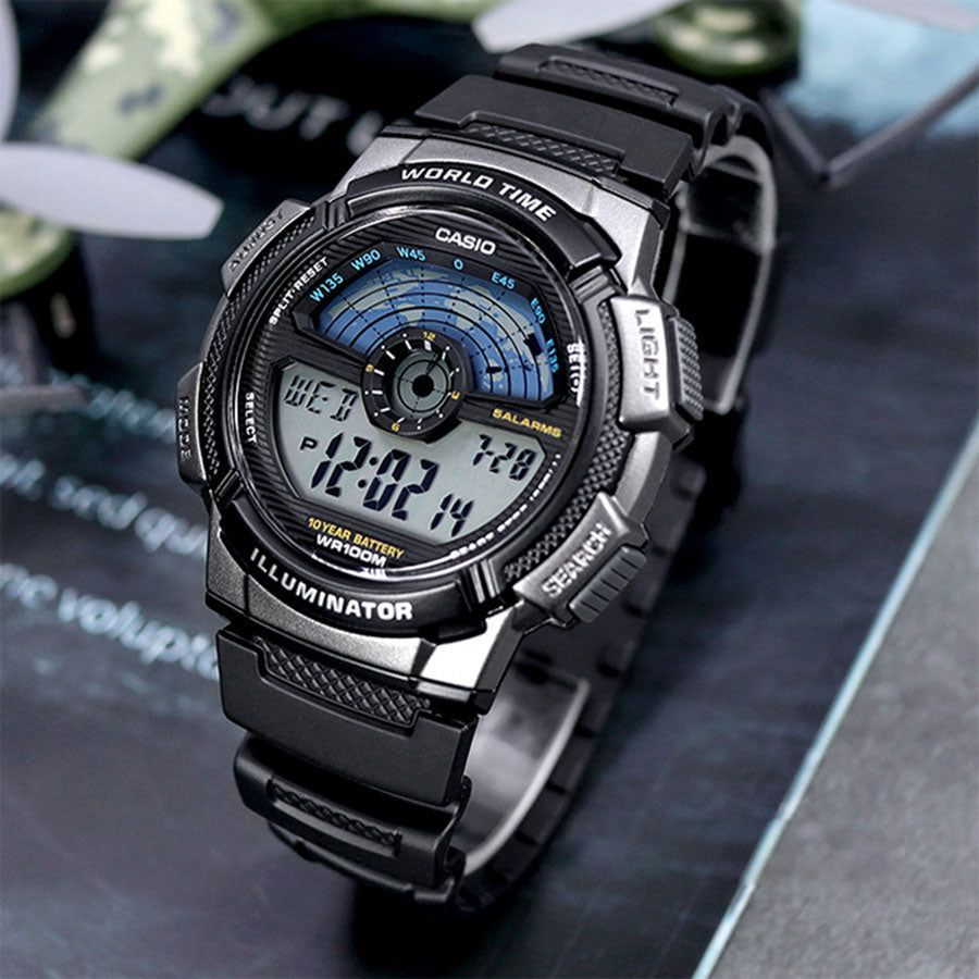 Casio AE-1100W-1AVDF Youth Series Digital Watch – World Time, 100M Water Resistant