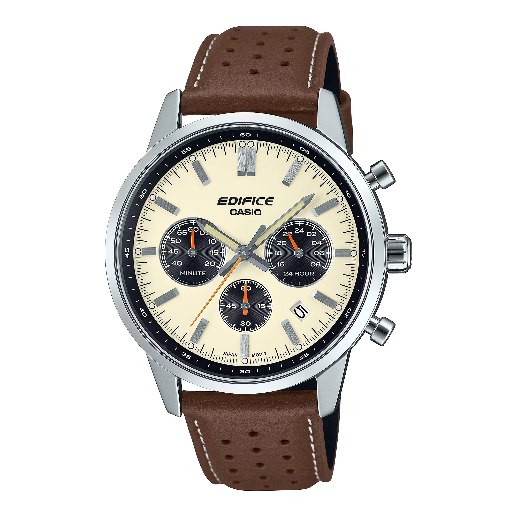 Casio Edifice EFR-575L-7ADF – Elegant Chronograph Watch for Men (Cream Dial | Brown Leather Strap | 100M Water Resistance