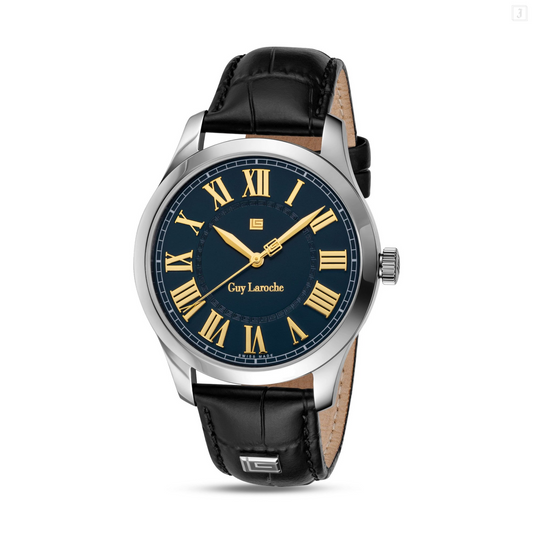 Guy Laroche Louis Men’s Swiss Made Quartz Watch with Blue Dial & Black Leather Strap (GLWGA0001102)