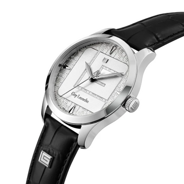 Guy Laroche Maxime Men’s Swiss Made Analog Watch with Silver Textured Dial & Black Leather Strap (GLWGA0001203)