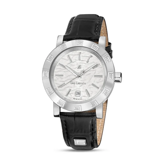 Guy Laroche Alex Men’s GLWGA0000129 Swiss Quartz Watch with White Textured Dial & Black Leather Strap