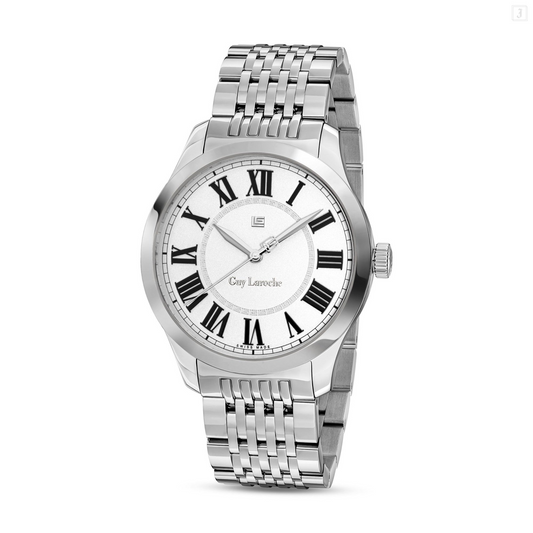 Guy Laroche Louis Men’s Swiss Made Quartz Watch with Silver Dial & Silver Stainless Steel Bracelet (GLWGG0001103)