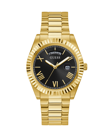 GUESS GW0265G3 Men’s Gold Watch – Black Multi-Function Dial, Stainless Steel Bracelet, 42mm, 50M Water Resistant