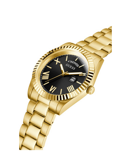 GUESS GW0265G3 Men’s Gold Watch – Black Multi-Function Dial, Stainless Steel Bracelet, 42mm, 50M Water Resistant