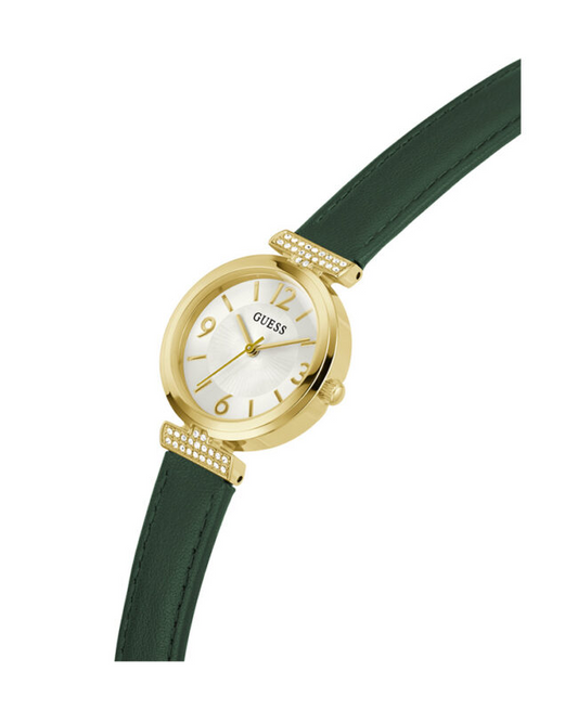 GUESS GW0614L4 Women’s Watch – White Dial, Gold & Green Stainless Steel Case, Leather Strap, Crystal Details, 28mm, 30M Water Resistant
