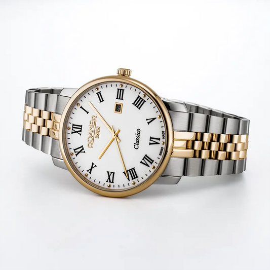 Classico Gents 40mm Swiss Quartz Watch – White Dial, Gold & Silver Stainless Steel Bracelet, Sapphire Crystal