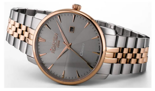 Roamer Classico 971856 49 55 50 Gents 40mm Watch – Grey Dial, Bicolor Rose Gold & Silver Stainless Steel Bracelet, Swiss Quartz