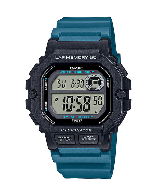 Original Casio WS-1400H-3AVDF Men’s Digital Watch – Black & Blue Resin Band, Dual Time, Stopwatch, 100M Water Resistant