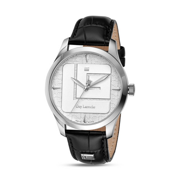 Guy Laroche Maxime Men’s Swiss Made Analog Watch with Silver Textured Dial & Black Leather Strap (GLWGA0001203)