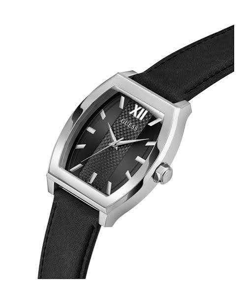 GUESS GW0706G1 Men’s Rectangular Watch – Black Dial, Silver Stainless Steel Case, Leather Strap, 42mm, 30M Water Resistant