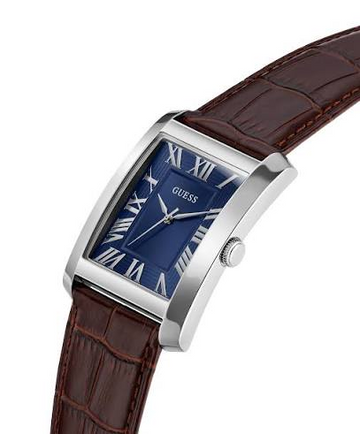 GUESS GW1003G2 Men’s Rectangular Watch – Blue Dial, Silver Stainless Steel Case, Brown Leather Strap, 34mm, 30M Water Resistant