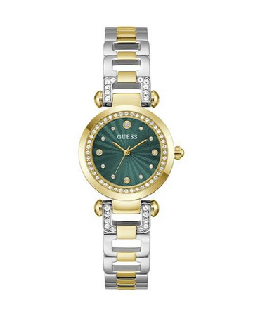 GUESS GW0869L1 Women’s Green Dial Watch – Gold & Silver Stainless Steel Bracelet, Crystal Details, 30mm, 30M Water Resistant