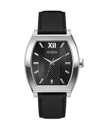GUESS GW0706G1 Men’s Rectangular Watch – Black Dial, Silver Stainless Steel Case, Leather Strap, 42mm, 30M Water Resistant