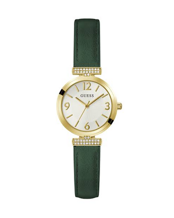 GUESS GW0614L4 Women’s Watch – White Dial, Gold & Green Stainless Steel Case, Leather Strap, Crystal Details, 28mm, 30M Water Resistant