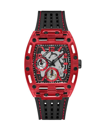 GUESS GW0499G4 Men’s Black & Red Watch – Rectangular Case, Silicone Strap, Date Display, 41mm, 50M Water Resistant