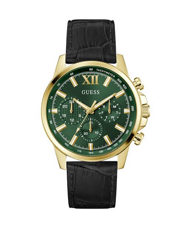 GUESS GW0901G4 Men’s Green Dial Watch – Black & Gold Stainless Steel Case, Leather Strap, Tachymeter, 44mm, 50M Water Resistant