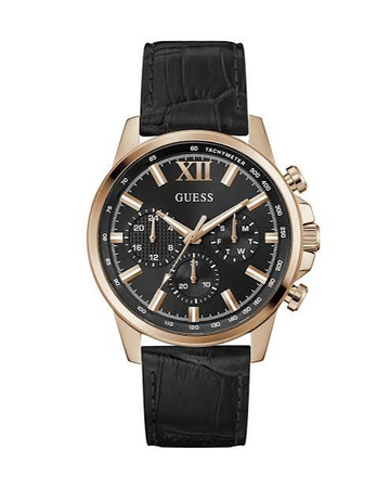 GUESS GW0901G5 Men’s Black Dial Watch – Black & Rose Gold Stainless Steel Case, Leather Strap, Tachymeter, 44mm, 50M Water Resistant