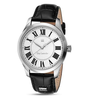 Guy Laroche Louis Men’s Swiss Made Quartz Watch with White Dial & Black Leather Strap (GLWGA0001101)