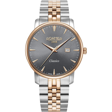 Roamer Classico 971856 49 55 50 Gents 40mm Watch – Grey Dial, Bicolor Rose Gold & Silver Stainless Steel Bracelet, Swiss Quartz