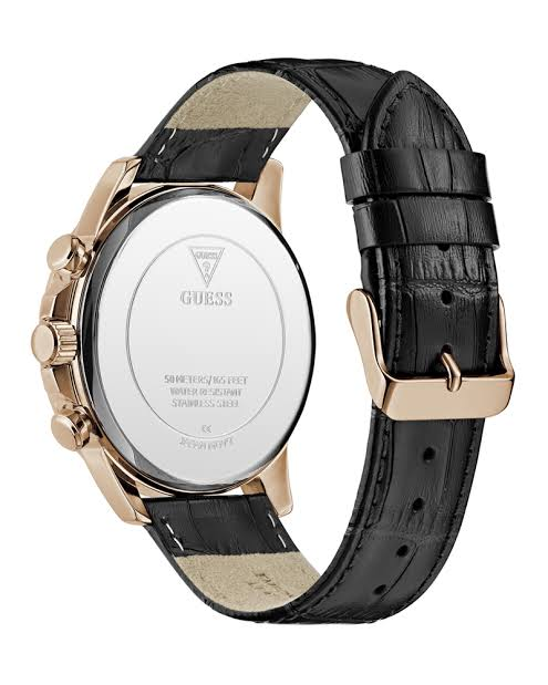 GUESS GW0901G5 Men’s Black Dial Watch – Black & Rose Gold Stainless Steel Case, Leather Strap, Tachymeter, 44mm, 50M Water Resistant